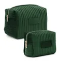 Dark green velvet cosmetic bag set with vertical quilted stripes and gold metal zippers - Large / Green