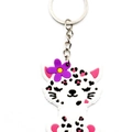 Cartoon-Leopardenkatze Schlüsselanhänger aus weiß-violettem PVC mit Silberring - Katze