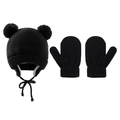 Knit kids winter hat and mitten set in black with cute faux fur double pom poms - Set / Black