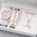 Women's Geneva watch set with white strap, rose gold heart necklace, earrings, and ring - Style 3 / White Heart Rhinestone 5-Piece Set