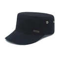 Men's black cotton flat top military cap with metal eyelets and decorative side logo - M (56-58cm) / Black