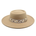 Detail of khaki wool felt flat top hat featuring an ethnic chevron woven band accessory - M (56-58cm) / Khaki