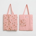Detail of pink canvas tote bags featuring forest animal prints and durable handle straps - Forest Animal Pink