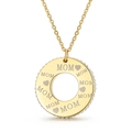 Golden circle MOM pendant necklace with heart engravings and crystals on white background - Gold Ring MOM Necklace (KP52452-K)