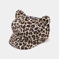 Detailed macro view of leopard print cat ear newsboy hat featuring textured fabric and ears - Adjustable / Leopard Pattern Beige