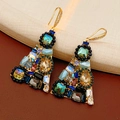 Detailed close-up of vintage gold triangle earrings with multi-colored gemstones - Ear Hook-Gold-Black