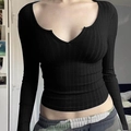 Haut moulant noir en maille côtelée à manches longues avec col en V pour femme en automne - S / Noir