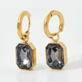 Golden stainless steel hoop earrings with detachable grey square crystal charms - Rectangle Pendant Style (KDE563) / Smoke