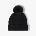 Gorro de punto trenzado negro para mujer con pompón de pelo sintético y dobladillo grueso - Talla única / Negro