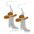 Sparkling silver western cowboy boot and hat drop earrings with clear zircons - Style 1 (Silver Base Brown Hat Boot)