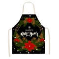 Detail of black linen Christmas apron with beige straps and Happy New Year print - Happy New Year (AP-52004)