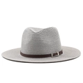 Classic straw sun hat in grey-white with brown leather band and silver buckle - 58cm / Gray