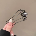 Épingle à cheveux en U en métal gris foncé avec perles grises et strass - Pic à Cheveux Noir Fusil avec Trois Perles et Texture Ondulée