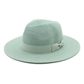 Detail of light green straw fedora hat featuring woven texture and bow ribbon decoration - M (56-58cm) / Mint Green