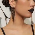 Elegant long black tassel earrings featuring geometric diamond shapes and shiny rhinestones - Black Rhombus Hollow Tassel Earrings