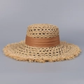 Detail of raffia straw hat showing hollow weave texture, brown ribbon, and fringe edge - M (56-58cm) / Khaki