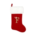 Large red Christmas stocking with white faux fur trim and gold glitter letter F - Letter F