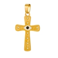 Makro-Detail von goldenem Kreuzanhänger mit Evil Eye Motiv und glitzernden Kristallen - HD-64 (Böser Blick Kreuz)