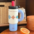 Vaso térmico de acero 316 en crema y azul con patrones florales y asa ergonómica - Flores de Arcoíris-Cerámica-1200ML