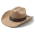 Klassischer Western-Cowboyhut aus kamelfarbenem Wildlederimitat mit verzierter Lederband - M (56-57 cm) / Camel