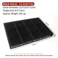 Black velvet 12-slot jewelry display tray with removable dividers and soft texture - Large 12 Grids Tray