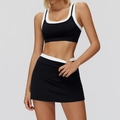 Women's two-piece yoga set with black contrast sports bra and high-waist fitness skirt - S / Top And Bottom / Black