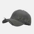 Detail of distressed brim and PEACE letter embroidery on dark grey cotton baseball cap - Adjustable / Gray