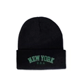Detail shot of the green embroidered NEW YORK USA text on a black ribbed knit beanie - M (56-58cm) / Black
