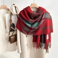 Classic red and green plaid scarf with fringe and Good Luck label for autumn winter - British Plaid Red and Green