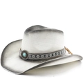 Chapeau de cowboy en paille d'été avec pierre turquoise et ruban de style ethnique - M (56-58cm) / Peint en Blanc et Noir