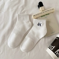 White cotton ankle socks with cute panda embroidery and ribbed cuffs for women - Front Panda-White