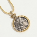 Vintage relief coin pendant necklace in two-tone gold and silver finish with rhinestones - Round Portrait Patchwork
