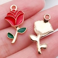 Golden rose charm pendant with red enamel flower and green leaf detail for DIY jewelry - Red Rose (12306)