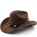 Classic dark brown suede cowboy hat with ethnic wood bead band shown from a 45-degree angle - M(56-58cm) / Coffee