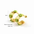 Golden stainless steel hoop earrings with green beaded flower charms 25mm diameter - Green