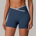 Dark blue high-waisted yoga shorts with white cross V-waistband and peach lift effect - S / Navy Blue