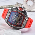 Macro shot of a black tonneau watch case with rhinestones and a red silicone strap - Red Dial Black Case Red Strap