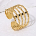 Anello aperto multistrato in acciaio inossidabile placcato oro 18K con pietre nere - Aperto Regolabile / Oro