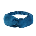Detail of teal blue faux suede knotted headband with elastic band back design - Blue
