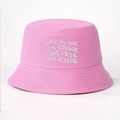 Close-up of pink cotton bucket hat featuring white embroidered inspirational slogans - One Size / Rose Pink