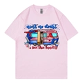 Light pink crew neck t-shirt with American flag camping car and festive slogan - Pink