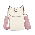 Detail view of cream textured mobile phone bag with patterned jacquard wide strap - White