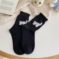 Süße schwarze Baumwollsocken mit weißem Katzen-Jacquard und elegantem Spitzenbesatz - Einheitsgröße / Schwarz