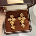 Macro shot of gold floral earrings with zircon centers in a premium velvet jewelry box - Gold