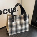 Checkered lunch tote bag in black and beige weave with durable black canvas handles - Black Webbing Style