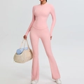 Pink slim fit yoga set with half-zip long sleeve top and flared high-waist pants - S / Sakura Pink