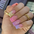 Macaron gradient press-on nails with French lines and star patterns on long square shape - Macaron Gradient Stars Style (Y-232) / Glue Type