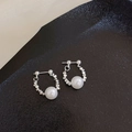 Silver needle hoop earrings with crushed silver beads and white pearls on black texture - Silver (Silver Pin)