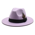 Detail of lavender fedora hat featuring a black ribbon and elegant feather accessory - Taro Purple
