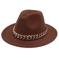 Detailed view of brown wool fedora hat featuring a chunky rose gold acrylic chain decoration - Coffee